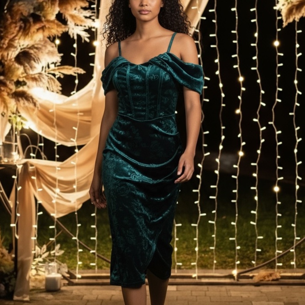 Elegant Green Velvet Off-Shoulder Dress New